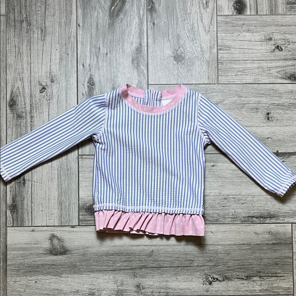Ruffle Butts Blue and Pink Striped Swim Top| 18-24m